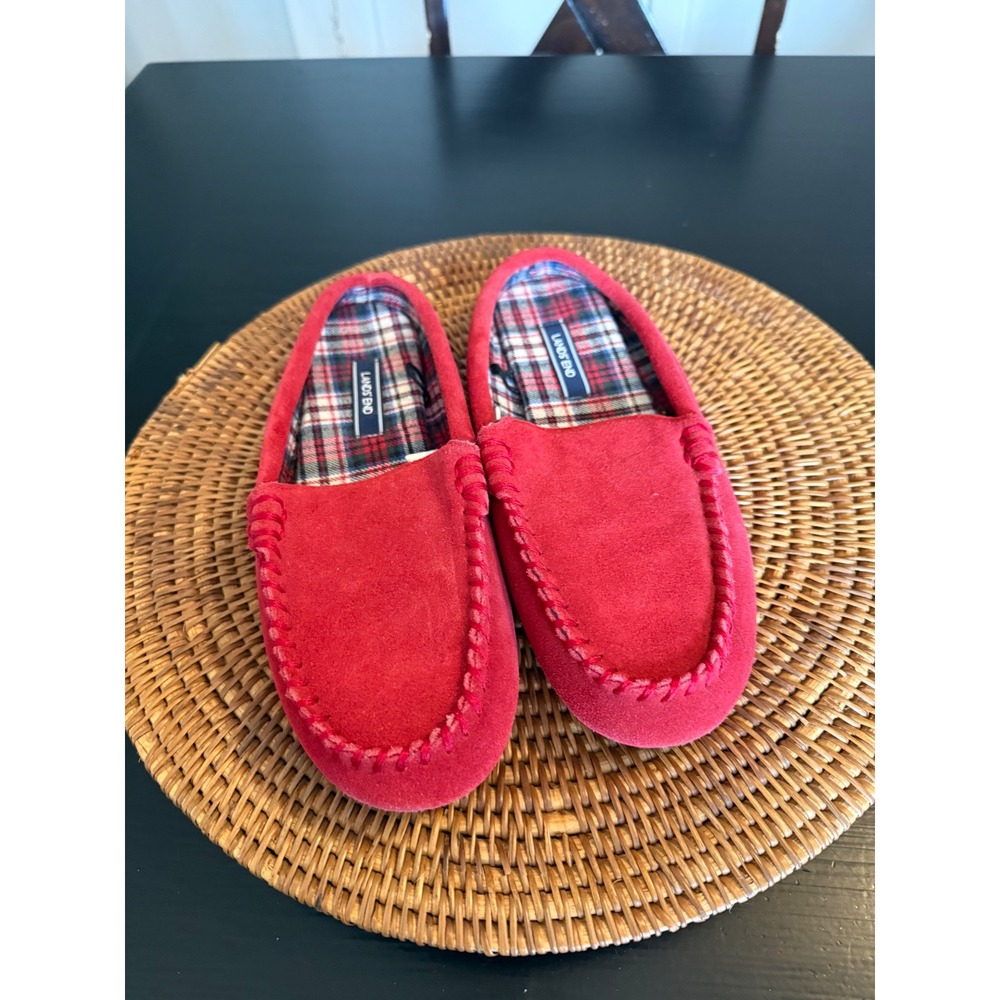 Lands‎ End Womens Red Suede Moccasin Slippers Plaid Lined 501782 Size 10M